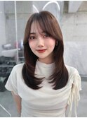 黒髪韓国小顔レイヤーイメチェン暗めオリーブグレークラゲヘアー