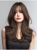 大人外ハネクビレレイヤーカーテンバングブラウン