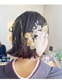 振袖ヘアセット切りっぱなしボブ水引きヘアアレンジ成人式