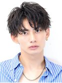 ソフトツイストパーマアップバング韓国マッシュブルーブラック