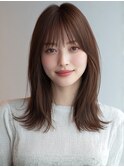 セミロング 顔周りレイヤー 前髪カット ショコラブラウン 艶髪