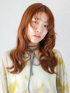 ガリカ 渋谷(Gallica) オレンジブラウンゆる波ロング顔まわりレイヤー前髪薄め艶髪
