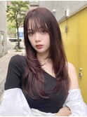 ブリーチなしワインレッド ワンホンレイヤー レイヤーロング