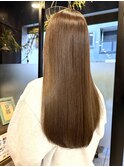 ロングショートワンカールパーマカーキグレージュ前髪　門仲
