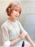 mowen 南堀江　ボブ×ピンクベージュ×艶髪×顔周りレイヤー