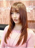 ロング顔まわりレイヤーハッシュカットブリーチオレンジ