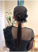 ヘアセット結婚式お呼ばれ二次会黒髪ローポニーテール