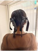 ツインヘアアレンジ　リボンアレンジ　結婚式参列スタイル　