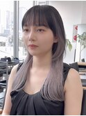 ★グレーベージュレイヤーロング黒髪前髪パーマインナーカラー