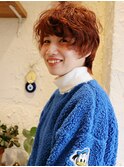 オレンジレッドメッシュ可愛い系大人マッシュショートパーマ