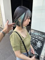 ロンド レア 天神大名店(Lond Le’a) ダブルカラーターコイズブルーインナーカラー暗髪グレージュボブ