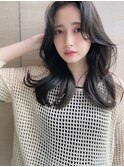 前髪長め韓国くびれヘア かきあげAラインボブマロンベージュ