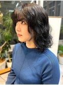 顔周りカット ナチュラルパーマ 艶感 グレージュ 前髪パーマ