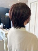 福山人気レイヤーショートスッキリ小顔カシスブラウンカラー40代