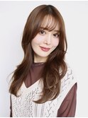 ロングレイヤーゆるカール×薄めバング×シアーカラー×ベージュ