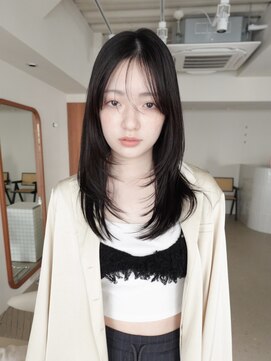 ココアブラウン/ミディアムレイヤー/オリーブグリーン/黒髪/銀座