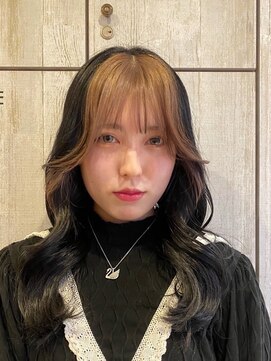 大人可愛いバングカラー×黒髪ロングゆるふわ小顔レイヤーカット