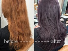 【ブリーチなしで創る透明感】髪質を見極めた薬剤設定。ダメージレスにこだわり、理想の艶と色味を両立