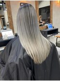 バレイヤージュ、ハイライト、レイヤーロング、グレーベージュ