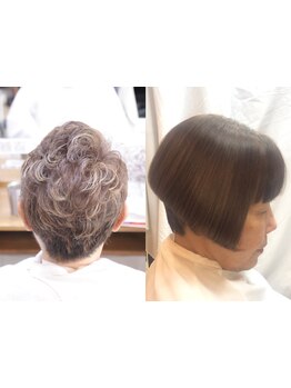 繰り返しても傷みにくい、髪に優しいグレイカラー。若々しく垢抜けるカラーで白髪染めに見えない仕上がり。