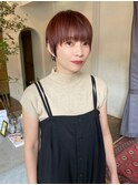 大人可愛い小顔ショート 赤カラー×ブリーチなし暖色