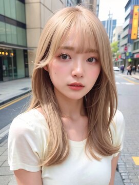 ムウ 難波(MOU) ハイトーンカラーボブルフネビージュ小顔ワンレン20代30代40代