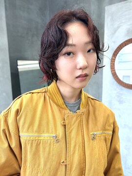 レイヤーボブパーマ　ニュアンスウェーブ　暖色デザインカラー