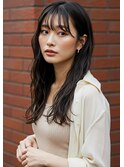 くせ毛風パーマロングウェーブヘア暗髪シースルーバング