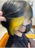 インナーカラーダブルカラーケアブリーチイエローカラー前髪