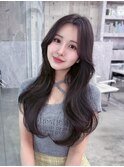 黒髪韓国小顔レイヤーイメチェン暗めオリーブグレークラゲヘアー