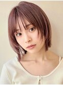 顔まわりレイヤー/ボブ/ピンクブラウン/切りっぱなし/小顔/銀座