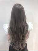小顔セミウェットウェーブピンクベージュハイライトカラー