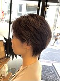 ロングショートワンカールパーマカーキグレージュ前髪錦糸町