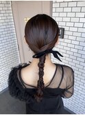 タイトヘア ポニーテール ベロアリボン 参列ヘア お呼ばれヘア