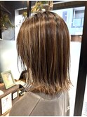 ロングショートワンカールパーマカーキグレージュ前髪　門仲
