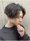 渋谷メンズミディアムパーマセンターパートウルフボブカット