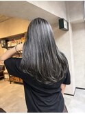 バレイヤージュ、ハイライト、レイヤーロング、グレーベージュ