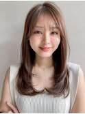 斜めバング愛されイメチェンアプリコットオレンジ小顔カット