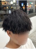 フェザーパーマ/グレーブルーカラー／刈り上げショートパンク