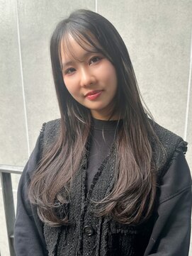 マイラ 銀座(myla) 小顔透明感暗髪ハイライトカラーくびれヘアアプリコットオレンジ