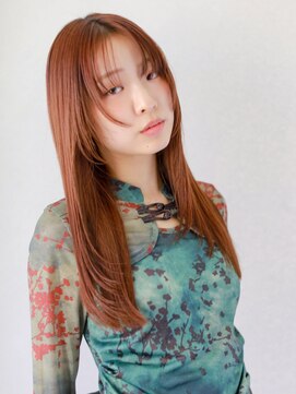 ガリカ 渋谷(Gallica) オレンジブラウンのストレート顔周りレイヤー小顔見え