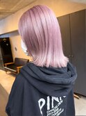 クリアピンクベージュ、ダブルカラー、ブリーチ、ハイライトボブ