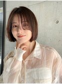 切りっぱなしボブワンレン暗髪ボブ前髪なし小顔カット内巻き