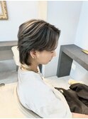 ミニウルフチェリーブラウンホワイトグレージュフェザーパーマ