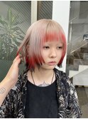顔まわりカットミニボブハイトーンレッドエンドカラー