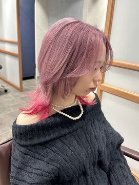 ウルフレイヤーカットピンクカラーココアベージュ裾カラー