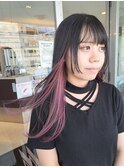 暗髪インナーカラーピンクラベンダーグレージュ姫カットレイヤー