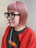 ヘアー アイス 御器所本店(HAIR ICI)&nbsp;前髪オン眉ブリーチピンクオレンジヘアカラー切りっぱなしボブ