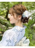 ロング　浴衣ヘア　サイド編み込み　シニヨン　アップへア　大阪