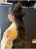 袴　ヘアセット　卒業式　　編み込み　ハーフアップ　金箔　辻堂